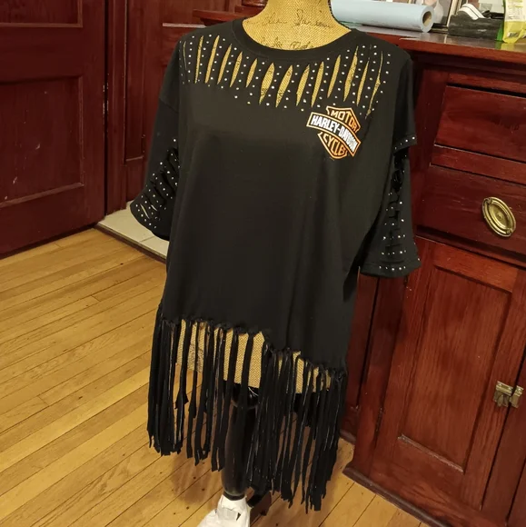 NWOT Handmade Chitown Harley-Davidson Black Cut-Out Short Sleeve Fringe Top - Picture 5 of 5